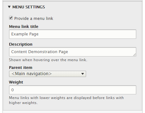 Photo is a Screenshot of where to provide a menu link