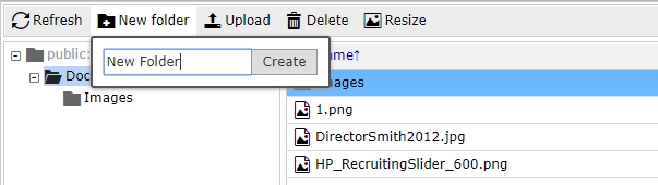 Example of creating a New Folder in IMCE